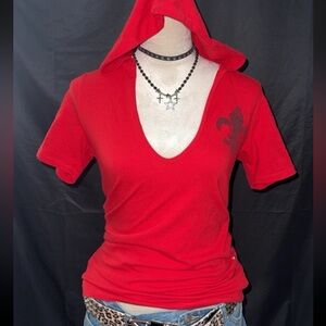 Michele Red V-Neck Tee with Fleur-de-Lis Y2K bling top